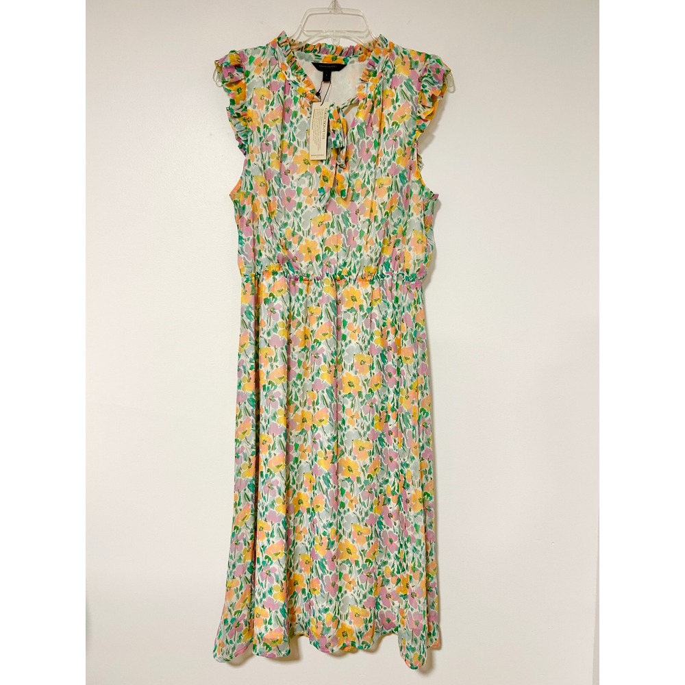 NEW Banana Republic Petite Floral Ruffle Midi Dress Yellow Pink Green L Petite